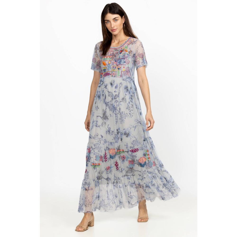 Johnny Was Biya Logan Tierred Mesh Maxi Dress Blue Sz Small